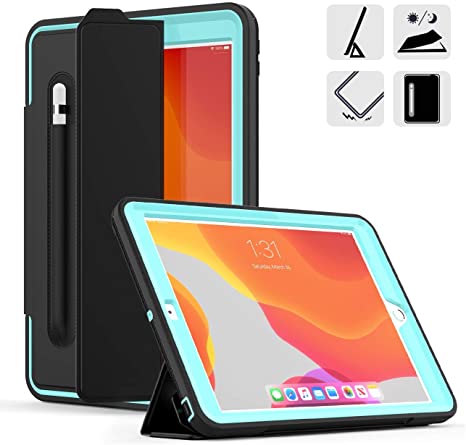 DUNNO New 10.2 Case 2019, Hybrid Leather Three Layer Heavy Duty Smart Cover with Auto Sleep/Wake Pencil Holder Stand Feature Design for iPad 7th Gen 10.2 Inch 2019 (Black/Light Blue)