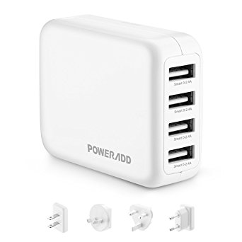 USB Wall Charger, Poweradd 4.8A/4 Port Worldwide Travel USB Charger with US/UK/EU/AU Plug for IPhone IPad Samsung Camera and Other USB Devices - White