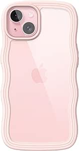 JETech Cute Case for iPhone 15 6.1-Inch, Wave Frame Curly Shape Shockproof Phone Cover for Women and Girls, Clear Hard PC Back (Pink)