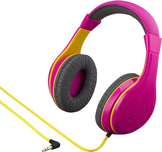 eKids Kids Headphones, Stereo Sound, 3.5mm Jack Cord, Wired Headphones for Kids, Tangle-Free, Volume Control, Childrens Headphones Over Ear for Travel Pink