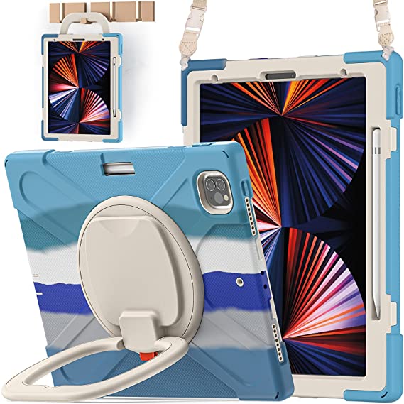 BATYUE iPad Pro 12.9 2021 Case,[Rugged] [Heavy Duty]iPad Pro 12.9 5th Generation Case with 360° Swivel Stand/ Handle Grip/ Shoulder Strap/ Wireless Apple Pencil Charging Pencil Holder - Colourful Blue