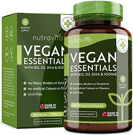 Vegan Essential Mix with Vitamin B12, Vitamin D3, DHA, Iodine, Iron & Zinc - 4 Month Supply - Multivitamin & Multimineral Formulation to Support a Plant-Based Diet - Made in The UK by Nutravita