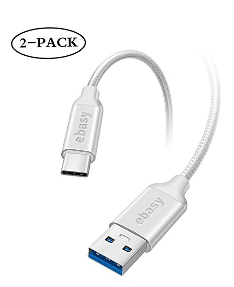 USB Type C Cable, (2-Pack)Ebasy 6.6ft USB C to USB A 3.0 Fast Charging Cable, Nylon Braided C Type USB Cord for Macbook, Galaxy S8, Google Pixel, Nexus 6P 5X, LG G5, HTC 10, HUAWEI P9 and More(Silver)