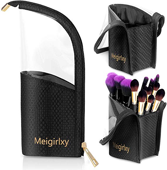 Makeup Brush Holder, Meigirlxy Travel Makeup Brush Organizer Case, Clear Plastic Cosmetic Zipper Pouch with Divider