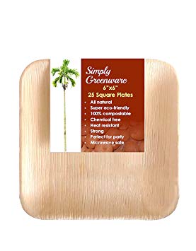 Simply Greenware - Palm Leaf Plates 6 Inch Square - 100% Compostable Disposable Party Plates - 25 Count