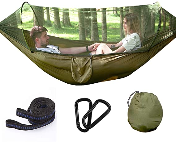 ASB Hammock with Mosquito Net & Tree Straps Lightweight Parachute Fabric Travel Bed for Hiking, Backpacking, Backyard
