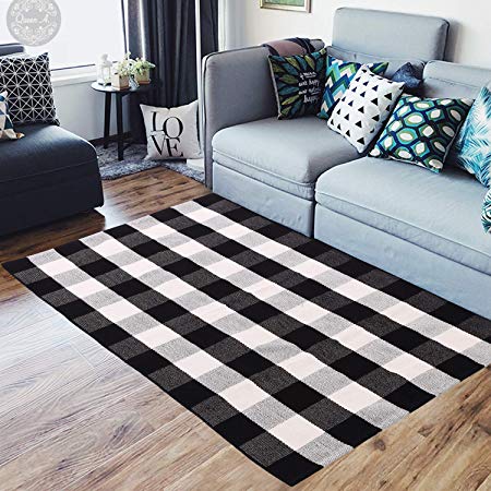 ABSLIMUS Black White Plaid Porch Rugs/Door Mat, Pure Cotton Threads Together in Crisscross, Hand Weaving Checkered Carpet Kitchen/Entry Way/Bedroom/Bathroom/Sofa/Laundry Room,