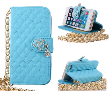 5s Case, iphone 5s Case, ARTMINE Camellia Bling Rhinestone Diamond Buckle Premium PU Leather Flip Folio Book Style Wallet Protective Skin Pouch Phone Case & Magnetic Closure with Credit/ID Card Slot [ Peral Wristlet Chain ] [ Kickstand Feature ] for Apple iphone 5s Verizon, AT&T, Sprint, T-Mobile Blue