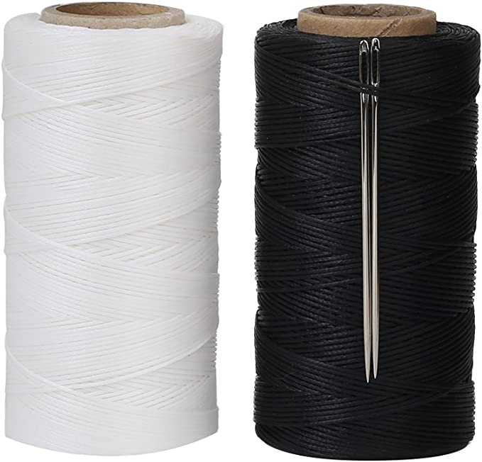 Tenn Well 520M 150D 1MM Waxed Thread, 2PCS Flat Sewing Wax Sail Kit with Needles for Leather DIY Project(Black, White)