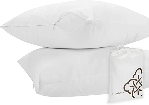 BIOWEAVES 100% Organic Cotton Breathable Pillow Protectors GOTS Certified with Zipped Closure – Queen, 20” x 30”, 2-Pack