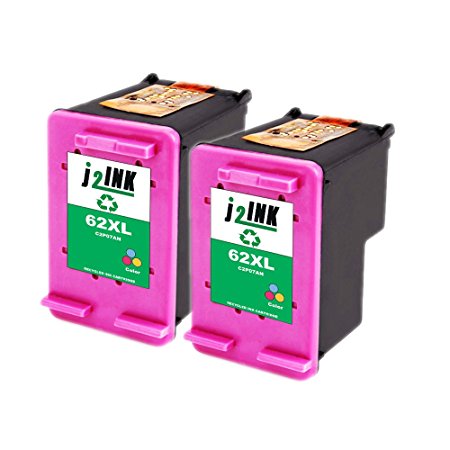 J2INK 2 Tri-Color Remanufactured Ink Cartridge for HP 62XL C2P07AN High Yield