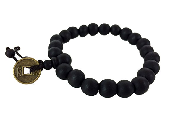 Dark Wood Buddhist Energy Mala Beaded Stretch Bracelet With Chinese Coin