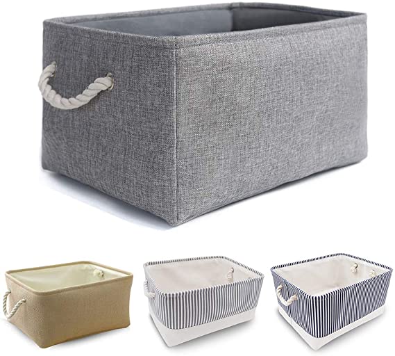 Fabric Storage Box, Folding Thickened Canvas Storage Basket with Rope Handles for Clothes, Toys (Washable, Large, Grey)