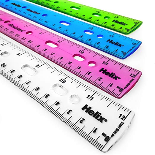 Helix 12”/30cm Flexible Ring Binder Ruler – Shatter Resistant – Pack of 4 – Blue, Clear, Green and Pink – L25752D
