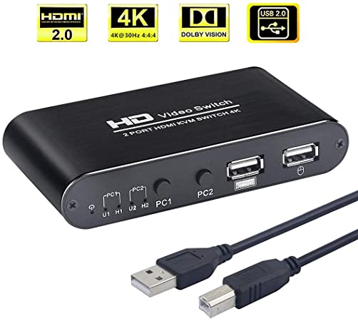 AIMOS KVM HDMI Switch, USB Switch 4K HDMI Switcher Box 2 In 1 Out For 2 Computers Share Keyboard And Mouse Support 4K@30Hz 3D for Laptop, PC, PS4, Xbox HDTV - With 2 USB Cable, 1 Power Cable