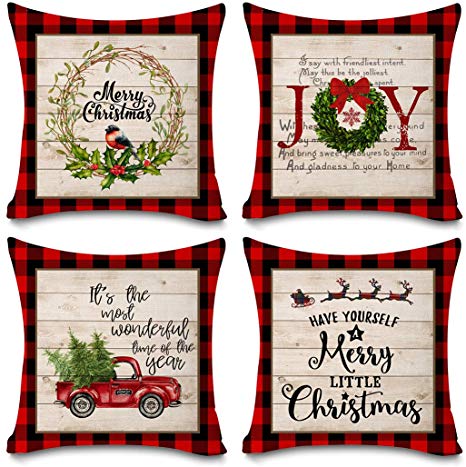 Faromily Buffalo Plaid Christmas Pillow Covers Farmhouse Decorative Cotton Linen Throw Pillow Cases 18 x 18 Inch Set of 4 Christmas Decoration