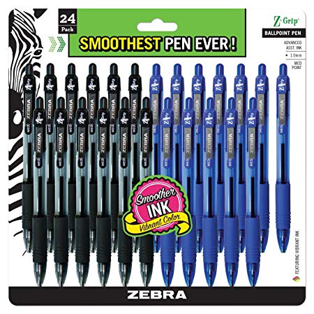 ZEBRA PENS bulk pack of 24 ink pens, Z-Grip Retractable ballpoint pens Medium point 1.0 mm, 12 black pens & 12 Blue pens combo pack