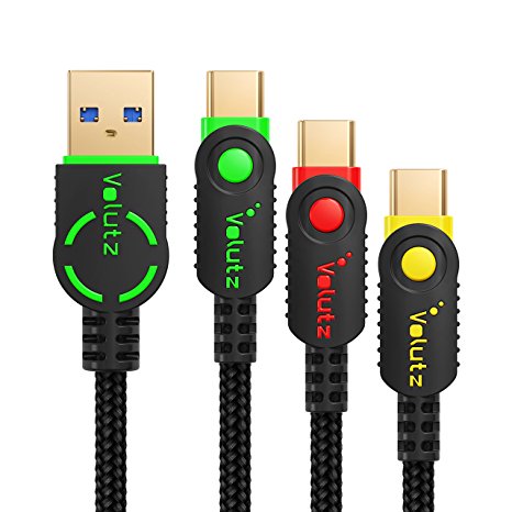 USB Type-C Cable 3.0 USB-A to Type-C In Assorted Lengths (3-Pack; 6.5ft, 3.3ft, 1ft) Braided & Gold-Plated Connectors Volutz Equilibrium  Series (Color-coded)