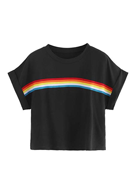 Romwe Women's Short Roll Up Sleeve Colorblock Striped Rainbow Print Crop Tee Top