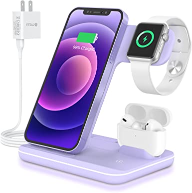 WAITIEE Wireless Charger 3 in 1,15W Fast Charging Station for Apple iWatch 7/6/SE/5/4/3/2/1,AirPods Pro,Compatible with iPhone 13/12/12 Pro Max/11 Series/XS Max/XR/XS/X/8/8 Plus/Samsung Galaxy(Purple)