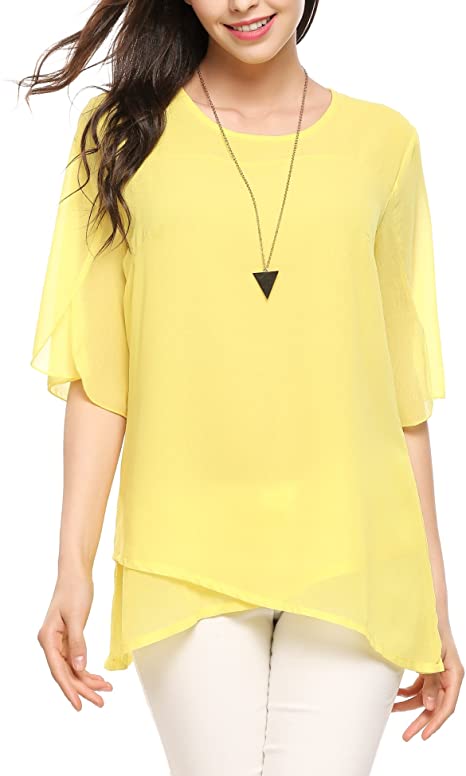 Zeagoo Womens Chiffon Blouses 3/4 Sleeve Tops Scoop Neck Layered Elegant Shirt