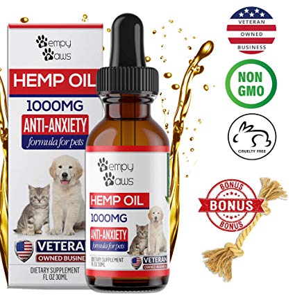 HempyPaws Hemp Oil for Dogs & Cats - 1000mg - Anxiety & Pain Relief Pet Hemp Oil Made in USA – All Natural Hemp Extract Oil for Pets - Non-GMO, Organic,  Supports Joint Health - Chew Toy