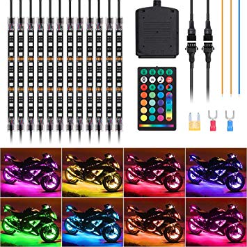 SUPAREE 12Pcs Motorcycle LED Light Kit Universal Strips Multi-Color Mufti-Function Accent Glow Neon Ground Effect Atmosphere Lights with Wireless Remote Controller