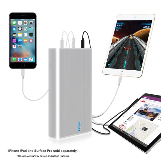 Lizone® QC 35000mAh 5-Ports Portable Charger Power Bank Charge for Apple new MacBook 12-inch Microsoft 12V Surface Pro3 Pro4 Surface Book, iPhone iPad Samsung and more - Silver