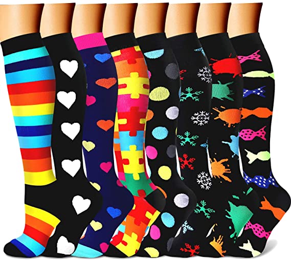 Compression Socks(1/3/6/8 Pairs) for Women and Men,Sports Plantar Fasciitis Arch Support Running Knee High Stamina Socks