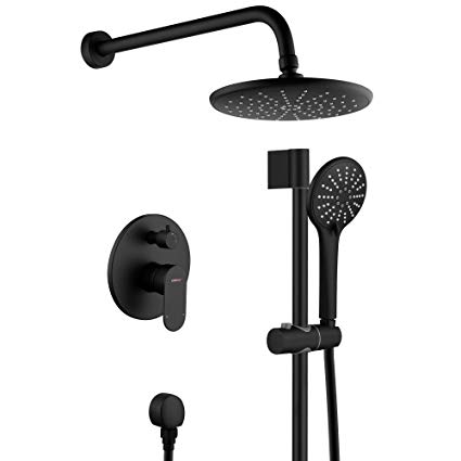 Shower System, Wall Mounted Slide Bar Shower Faucet Set for Bathroom with High Pressure 8" Rain Shower head and 3-Setting Handheld Shower Head Set, Pressure Balance Valve with Trim and Diverter, Black