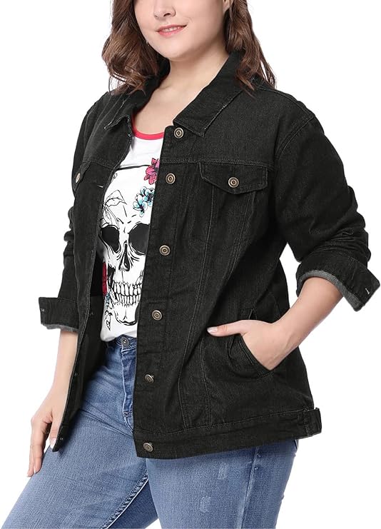 uxcell Women's Plus Size Stitching Button Front Washed Denim Jacket