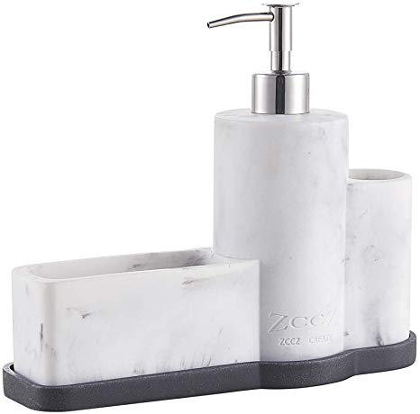 ZCCZ Soap Dispenser with Sponge Holder Brush Holder, Marble Pattern Kitchen Dish Soap Dispenser Pump Bottle Caddy Set Sponge Caddy for Kitchen Sink Bathroom Countertop