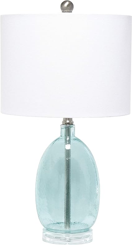 Home Oval Glass Table Lamp with White Drum Shade Clear Blue Modern Contemporary