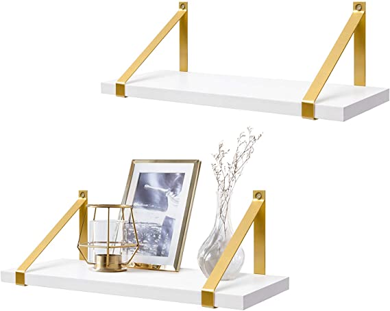 Mkono Morden Floating Shelves Wall Mounted Decorative Shelves Set of 2 White Wooden Shelves with Gold Metal Brackets for Bathroom Living Room Bedroom Kitchen Office, 17 Inches