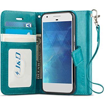 Google Pixel 2 Case, J&D [RFID Blocking Wallet] [Slim Fit] Heavy Duty Protective Shock Resistant Flip Cover Wallet Case for Google Pixel 2 - Aqua