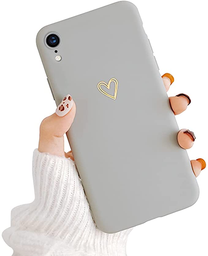 Ownest Compatible with iPhone XR Case for Soft Liquid Silicone Gold Heart Pattern Slim Protective Shockproof Case for Women Girls for iPhone XR-Gray