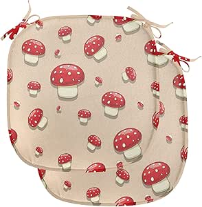 Ambesonne Mushroom Chair Seating Cushion Set of 2, Woodland Themed Illustration of Spotted Toadstool Summer Season Forest Cartoon, Anti-slip Seat Padding for Kitchen & Patio, 16"x16", Ivory Red Tan