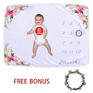 Softan Baby Monthly Milestone Blanket Girl Boy | Soft Photography Background Growth Blanket with Bonus Floral Wreath | Baby Month Blanket | Newborn Girls Boys Photo Prop | Baby Shower Gift