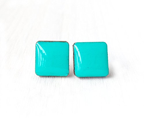 Green Square Stud Earrings, Surgical Steel Posts