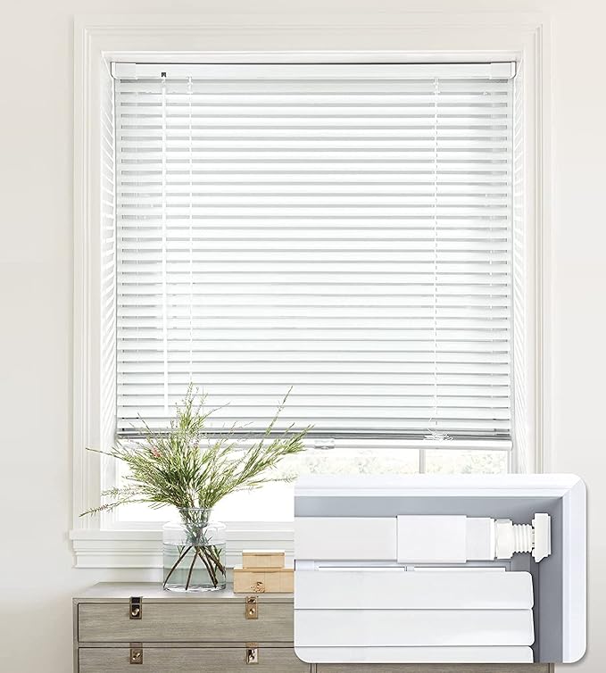 LazBlinds Cordless No Tools-No Drill 1" Aluminum Horizontal Mini Blinds Shades for Window Size 20'' W x 36'' H, Light Filtering Inside Installation, Cordless-White