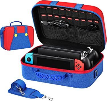 MoKo Carrying Storage Case Compatible with Nintendo Switch/Switch OLED 2021, Protective Hard Portable Travel case Shell Pouch for 18 Game Cards, Portable Travel with Shoulder Strap, Mario Red