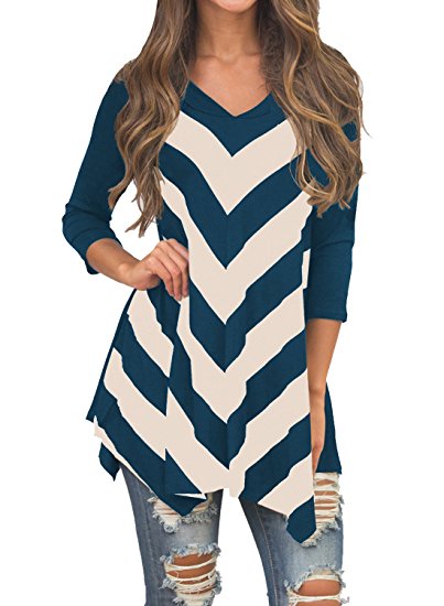 MIHOLL Womens Tunic 3/4 Sleeve V Neck Striped Tunic Top
