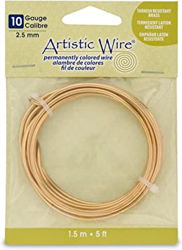 Artistic Wire, 10 Gauge / 2.6 mm Tarnish Resistant Brass Craft Wire, Gold Color, 5 ft / 1.5 m