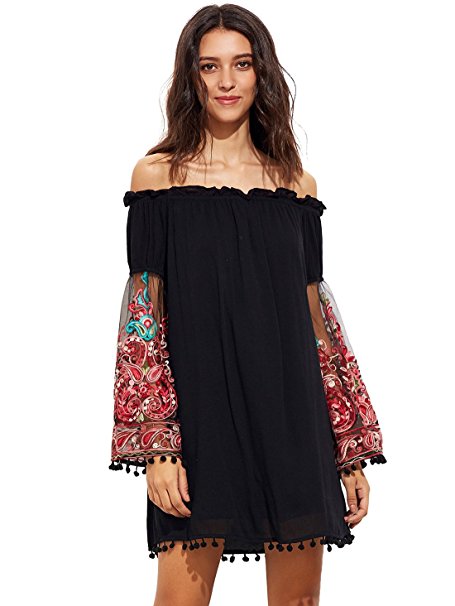 ROMWE Women's Off Shoulder Floral Sleeve Tassel Mini Loose Dress Tunic Top