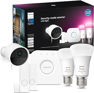 Philips Hue Secure Starter Kit With (1) Bridge, (1) Secure Wired Camera (White), (2) Secure Contact Sensor (White), (2) 75W A19 Bulb, White & Color Ambiance - Works With Security Center in the Hue App