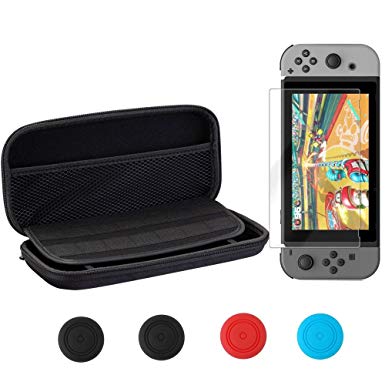 Vorida Case Compatible for Nintendo Switch, Carrying Travel Case Protective 14 Game Storage Slots & 9H Tempered Glass Screen Protector & Joy Con Grips Caps with Carrying Strap, Black