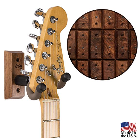 String Swing Premium Guitar Wall Mount - Holder for Electric Acoustic and Bass Guitars - Stand Accessories Home or Studio Wall - Musical Instruments Safe – Unique Hand Selected Black Walnut CC01K-BW