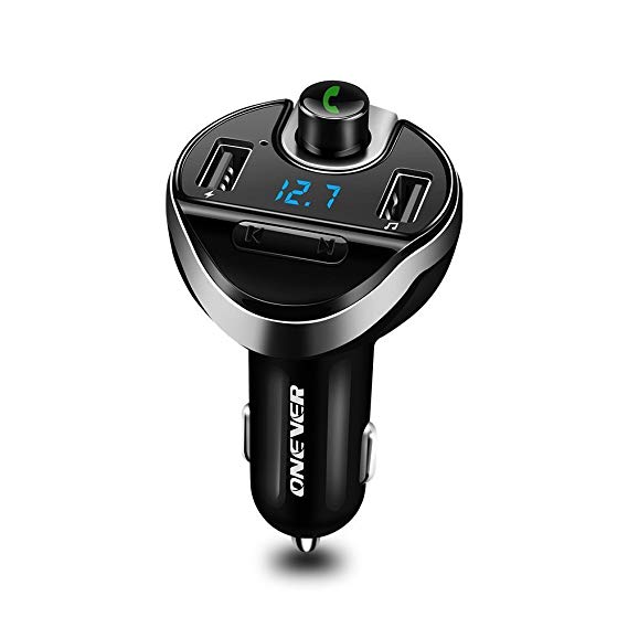ONEVER Bluetooth FM Transmitter Wireless Car Music Player, Dual USB Car Charger with LED Display Radio Adapter Car Kit Support SD/TF Card Hands-Free Calling Compatible iPhone Samsung Smartphones etc