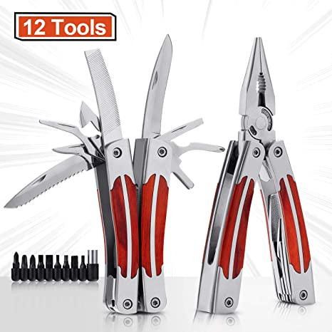 12 in 1 Stainless Steel Multitool Pliers - Portable Folding Pocket Knife Tools Kit for Camping, Fishing, Survival and Mountain Bike