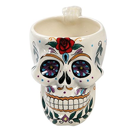 White Tribal Day of The Dead Rose Blossom Sugar Skull Drink Coffee Mug Cup Ceramic